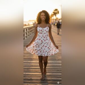 Derek Heart Cherry Bomb Print Tiered Mini Dress